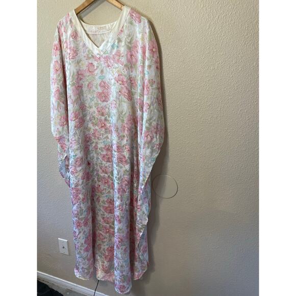 VTG Robinson’s Pink & Blue Floral Silky V Neck Long MuMu Grandma Nightgown Large - Picture 12 of 12